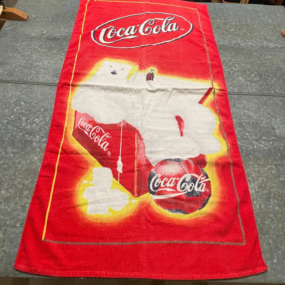 Vintage 90s Coca Cola Polar Bear Soccer Ball Beach Towel Red Adversiting